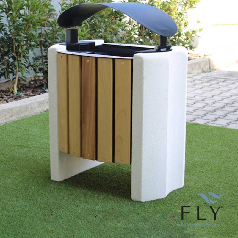 Marte Wood litter bin with lid and concrete sides